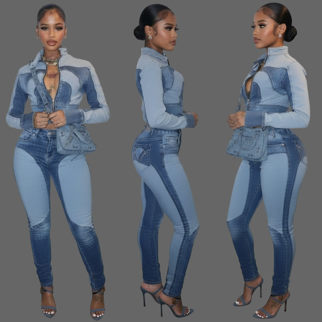 Woman wearing a blue denim outfit with a jacket and pants on a white background