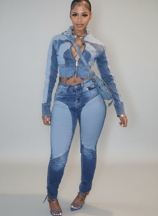 Women's Fashion Sexy High Stretch Patchwork Color Block Washed Denim Casual Two-Piece Pants Set