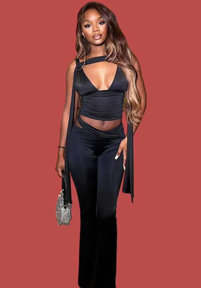 Women Sexy Solid Sleeveless V-Neck Crop Top and Pants Two-Piece Set