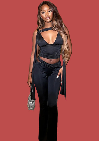 Women Sexy Solid Sleeveless V-Neck Crop Top and Pants Two-Piece Set