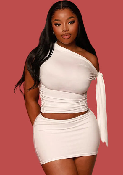 Women Lace-Up Slash Shoulder Asymmetric Top and Skirt Two-Piece Set